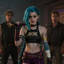 Emma Watson as Jinx ,Arcane, cinematic, Wide-shot, atmospheric lighting, directed by Quentin Tarantino, movie still
