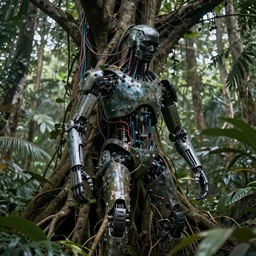 post-human creature, part robot and part black human, linked to a tree by plant roots, exposed electric system and cables, in a tropical forest, very detailed, photorealistic