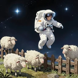 Astronaut sheeps jumping over woden fences in space, stars in space, blue light, extra detailed, digital illustration, by Makoto Shinkai and thomas kinkade, digital painting, Matte painting, trending on artstation and unreal engine