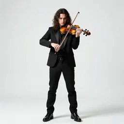 battle-worn musician with violin, photorealistic portrait photography, full body, standing, isolated on a pure white background, centered, whole figure in frame, sharp focus, studio lighting