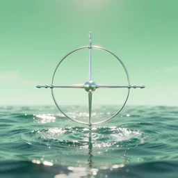 hyper detailed 3 d render. celestial crosshair above the shimmering water, green sky, lens flare