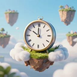 a clock floating on an floating island, there are clouds around, it is on earth, on the background there are other floating islands too, cartoony, 4 k resolution, award winning