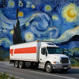 Uhaul truck driving fast in space Van Gogh style