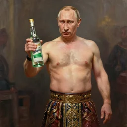 vladimir putin wearing a sexy skirt, holding a bottle of arak, cinematic, beautiful digital painting, hyper detailed