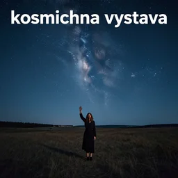 album cover!, with text'kosmichna vystava ', a beautiful landscape of a starry sky with an beautiful woman waving to the horizon, cinematic, dramatic, photojournalism, highly detailed