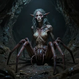 creepy matte painting of a female drider sitting in a dark cave, ultra detailed, monster, half human half spider, human torso, spider abdomen, creature design, dnd, d & d, concept art, octane render, 8 k, moody lighting, muted colors, blue tone light, dramatic lighting, realistically proportioned torso, realistically proportioned face