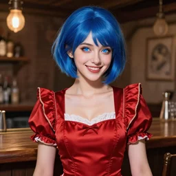 a smiling happy beautiful barmaid with short blue hair wearing a red satin dress in a rustic saloon, beautiful sparkling blue eyes, caucasian, fantasy, intricate and very beautiful and elegant, highly detailed, digital painting, artstation, concept art, smooth and sharp focus, illustration, art by tan zi and artgerm and alphonse mucha and peter mohrbacher