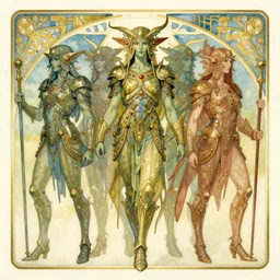 march of ornate sprite warriors, dieselpunk, epic, cinematic, watercolour, art nouveau, poster style, by paul pope, brian froud, moebius, travis charest, gustave dore