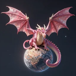 Hyper realistic pink dragon on a small planet