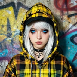highly detailed portrait of a sewer punk lady student, blue eyes, tartan hoody, hat, white hair by atey ghailan, by greg tocchini, by kaethe butcher, gradient yellow, black, brown and cyan color scheme, grunge aesthetic!!! ( ( graffiti tag wall ) )