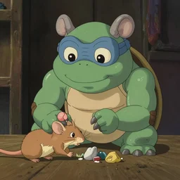 hyperrealist studio ghibli dull colors pov shot from tmnt of 1 9 8 7 of a giant rat eating garbage