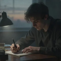 a painting of jeremy mann, a close up view of a young man writing on desk, dramatic vignette, dramatic lighting, twilight, dreamy, misty, desaturated, ominous, depressing, unsettling, creepy