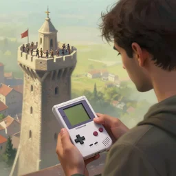 matte painting of man holding gameboy gazing down from ivory tower at peasants