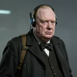 Winston Churchill as a cyberpunk mercenary wearing a cyberpunk headset and military gear. By Laurie Greasley.