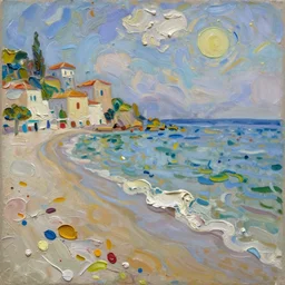 oil paint impasto relief, beautiful italian beach scene, multi layered thick brush marks, some splattered paint, in the style of monet and frank auerbach and van gogh