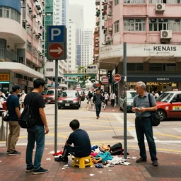 a messy portrait of a busy hong kong street corner, in the style of carne griffiths