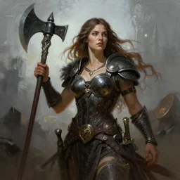 A full portrait of a very beautiful berserker woman, holding a poleaxe, by Frank Frazetta, Greg Rutkowski, Boris Vallejo, epic fantasy character art, Exquisite detail, post-processing, low angle, masterpiece, cinematic
