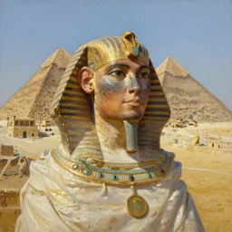 portrait oil painting, robert de niro as robert the nilo, egypcian, pyramids, nilo river, ultra realistic, wide angle, intricate details, artifacts, luminous skies, highly detailed, michael cheval, peter mohrbacher, boris vallejo, jessica rossier, oil painting, highly detailed, cinematic lighting