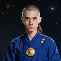 beautiful portrait of a incredibly handsome young male wearing a sacred blue monk tunic, and a gold medallion!! around neck, detailed deep blue eyes, elongated face, face shaved!!, round rosy nose, medium brown hair wore in a ponytail!!!, space background, trending on artstation, sharp focus, illustration, caustics, octane render, 4 k, radiant light, art by wlop and artgerm, steampunk fiction