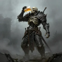 skeleton lord drinks beer, beer, glass, beer mug in hand, intricate, triumphantly, foggy background, full body art, dark souls, drawing, concept art, artstation, digital painting
