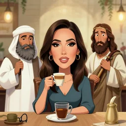 a caricature of a woman drinking coffee with moses mohammad and jesus christ
