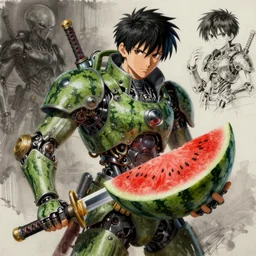 semi reallistic gouache gesture painting, by yoshitaka amano, by ruan jia, by conrad roset, by dofus online artists, detailed anime 3 d render of an alien watermelon katana, portrait, cgsociety, artstation, rococo mechanical, digital reality, sf 5 ink style, dieselpunk atmosphere, gesture drawn