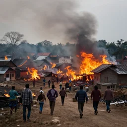 village on fire. people run away of the place.