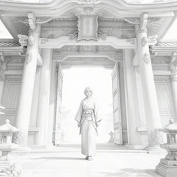the portal of salvation mystical japanese architecture hyperrealistic detail line work lady samurai ethereal character concept art wide angle shot muted colors cinematic lighting detailed and intricate style of alphonse mucha and moebius tarot card art print
