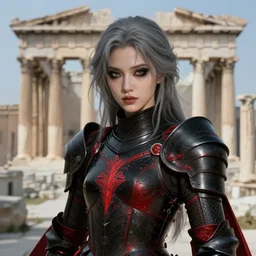 portrait grey hair knights of zodiac girl + smoky eyes, matt black / little red color armor in ruined agora of athens background,, ssci - fi and fantasy, intricate and very very beautiful and elegant, highly detailed, digital painting, artstation, concept art, frostbite engine, smooth and sharp focus, illustration, art by tian zi and wlop and alphonse mucha