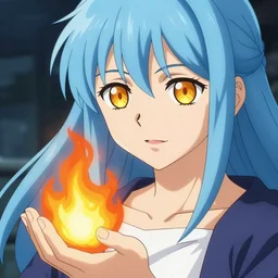 rimuru tempest from tensura holding fire in his palm, with amber eyes of golden colored eyes, straight hair, sky blue hair, long bangs, high collar, concept art, award winning photography, digital painting, cinematic, wlop, 8 k, by ross tran, tom bagshaw, andy warhol