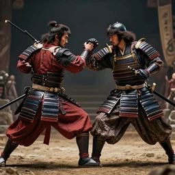 a realistic photograph of an epic fight between Oda Nobunaga and Friedrich Barbarossa, award-winning photograph, dramatic lighting, realistic, 4k
