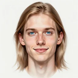 sketch of a caucasian face, medium long hair, bad skin, skinny, blue eyes, smiling, climber