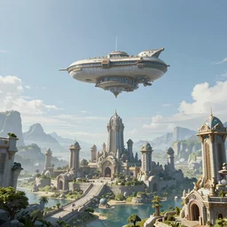 landscape an ancient floating fantasy city in the sky and an singular fantasy airship flying towards it andreas rocha