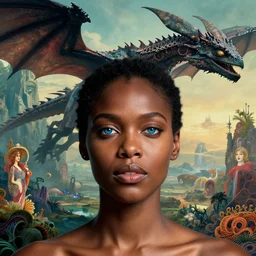 realistic detailed photorealistic film close up portrait shot of a beautiful black woman with, sci-fi landscape with a drogon on background by Denis Villeneuve, Amano, Yves Tanguy, Alphonse Mucha, Ernst Haeckel, Andrei Tarkovsky, Edward Robert Hughes, Roger Dean, rich moody colours, wide angle, blue eyes