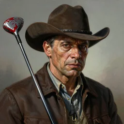 portrait painting of woodrow harrelson, with a cowboy hat and bloody golf club, ultra realistic, concept art, intricate details, eerie, highly detailed, photorealistic, octane render, 8 k, unreal engine. art by artgerm and greg rutkowski and alphonse mucha