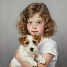a seven year old girl with short wavy curly light brown hair and blue eyes holding a very cute wire haired jack russell terrier puppy, white with brown patches over both eyes. detailed, high quality painting by artgerm and greg rutkowski and ilya kuvshinov