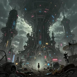 beautiful low angle painting of an alien world with unknown structures and technology, sailpunk, wires everywhere, junk on the ground, neon lights, a tiny girl watching on, moody atmosphere, epic composition, dramatic lighting, trending on artstation, octane render, by robert zemeckis