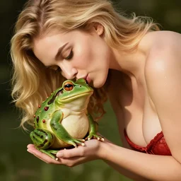a beautiful buxom woman kissing a frog prince, he is sitting in the palm of her hand, she is leaning over, her skin has a glow to it, she also has strawberry blonde hair, refined spontaneity, high - res