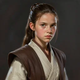 star wars portrait of a young woman by greg rutkowski, jaina solo, she is about 2 0 years old, thousand meter stare, wearing jedi robes, highly detailed portrait, scifi, digital painting, artstation, concept art, smooth, sharp foccus ilustration, artstation hq.