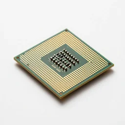 brass cpu processor chip, commercial catalog photo, isolated on a pure white background, centered, entire object in frame, sharp focus, soft studio lighting