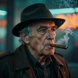 insanely moody vaporwave portrait of an old man with hat smoking cigar, motion blurred background, teal and orange colors, vaporwave, photorealism, cinema still, photography, porcelain skin, wrinkles, smooth, volumetric studio lighting, portrait photography, award winning photography, insane details, 8 k high definition, artstation