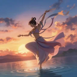 Himalayan priestess dancing on water, beautiful flowing fabric, sunset, dramatic angle, 8k hdr pixiv dslr photo by Makoto Shinkai rossdraws and Wojtek Fus