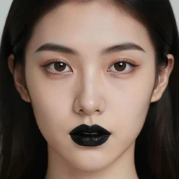 realistic portrait of a woman with black lipstick, dark, facing camera, photo realistic, detailed, 1 4 5 0, delicate, hyper realism, ultra realistic, 8 k