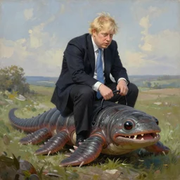 a painting of boris johnson riding a tardigrade, digital art, highly detailed