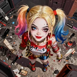 Harley Quinn but she's a beautiful ape kid with long pony tails on either side of her head, mayhem, illustration, by James Jean, artgerm, octane render, by John Coltrane and Marc Simonetti, Manic, inspired by Greg rutkowski, colorful, high detail of the face, full body