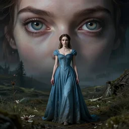 in the style of peter mohrbacher, artgerm, beautiful caitriona balfe, outlander, full body, blue dress, elegant pose, middle shot, spooky, detailed realisitc eyes, detailed realistic eyes, detailed and intricate