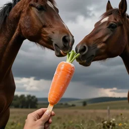 a horse licking a carrot shaped ice lolly