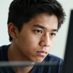 closeup potrait of young filipino man looking defeated in front of his computer, naturl light, sharp, detailed face, magazine, press, photo, Steve McCurry, David Lazar, Canon, Nikon, focus