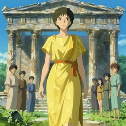 possessed woman wearing an ancient greek tunic made of yellow paper, stephen bliss, fantasy art by greg rutkowski, rhads, ferdinand knab, makoto shinkai and lois van baarle, ilya kuvshinov, rossdraws, tom bagshaw, global illumination, radiant light, ancient greek temple ruins, green blue color theme