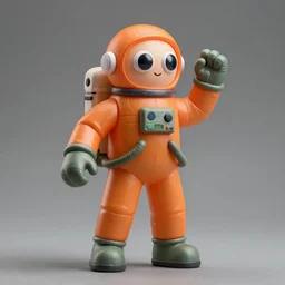 still figurine of a tall giant inflated astronaut wearing a orange and teak suit, googly eyes, tareme eyes, personification, dynamic pose, detailed product photo, tone mapped, beautiful composition, 8 5 mm, f 5. 8, soft lighting